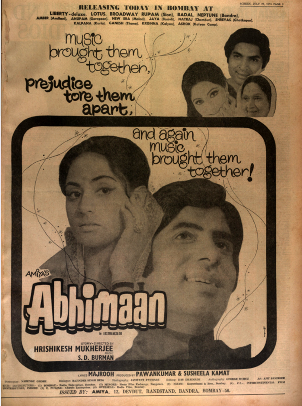 Advertisement in Screen July 27, 1973 announcing the release of Abhimaan 