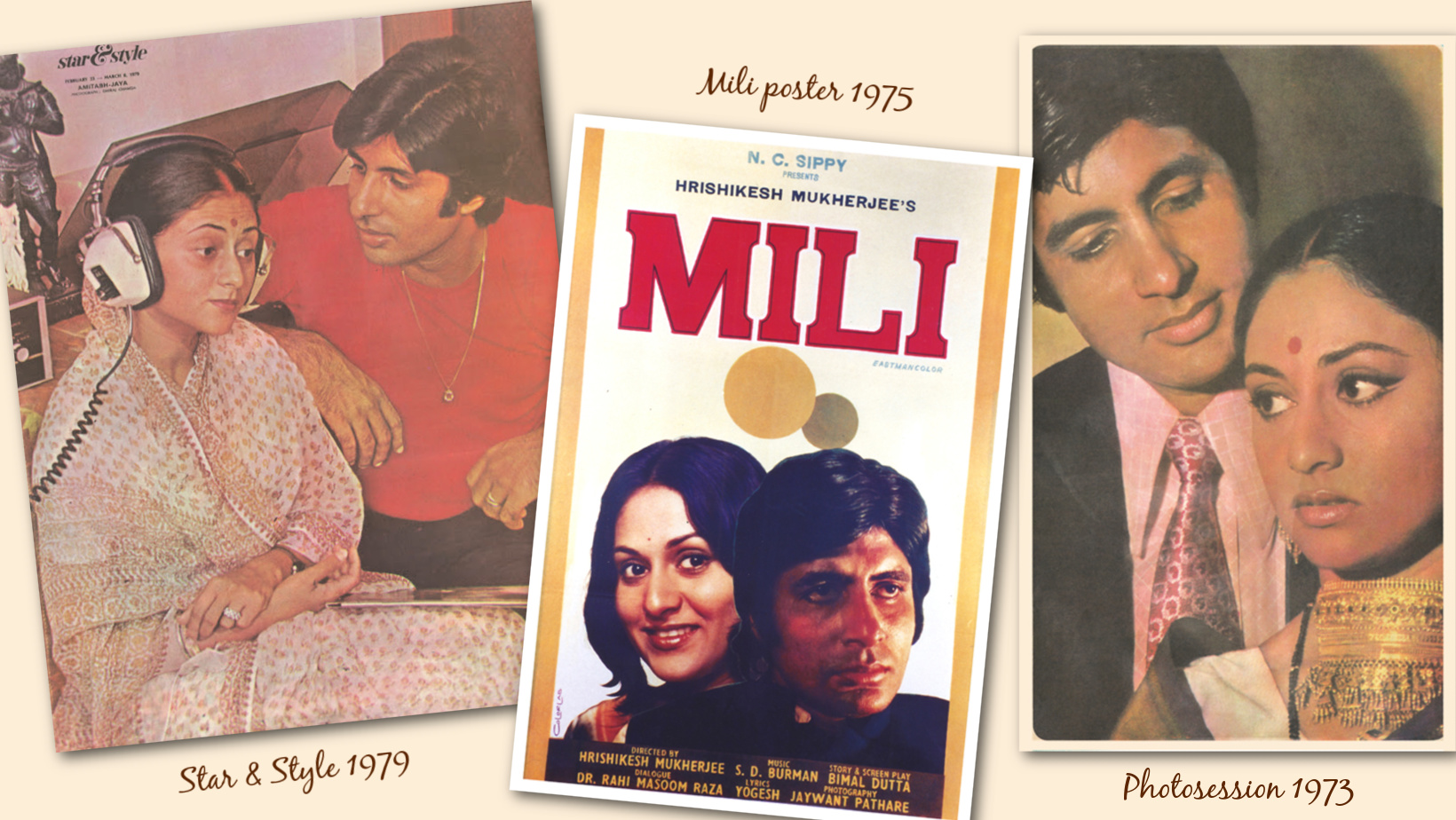 (L to R) A Star & Style photo of Amitabh and Jaya (1979), rare poster of Mili and Amitabh and Jaya in a 1973 photo session (Abhimaan released this year)