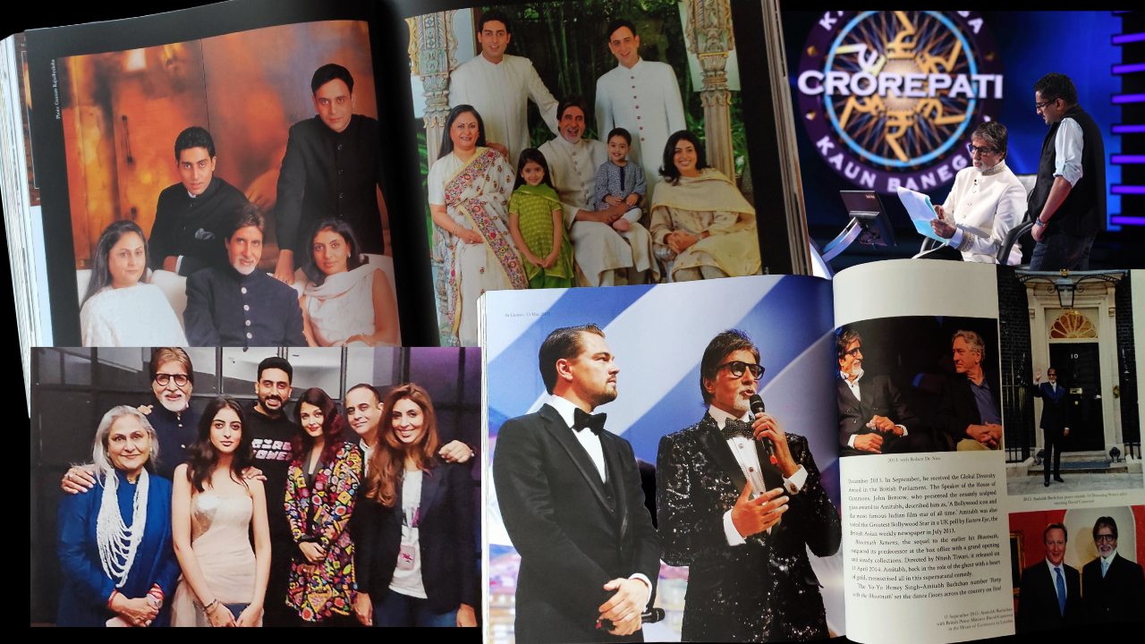 (Clockwise from L to R) Photographs of the family in double spreads, Amitabh Bachchan on the sets of Kaun Banega Crorepati, Amitabh Bachchan with Leonardo Di Caprio and Robert De Niro, a family photo