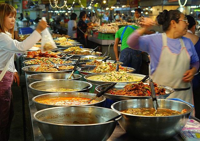 A market stall, at Thanin market in Chiang Mai, selling ready cooked food 