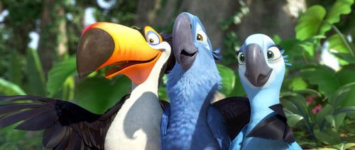 Rafael (voiced by George Lopez), Blu (voiced by Jesse Eisenberg), and Jewel (voiced by Anne Hathaway) become friends in the animated movie Rio (2011). Photo © Blue Sky Studios/20th Century Fox