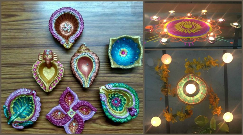 Handpainted diyas by kids for Diwali