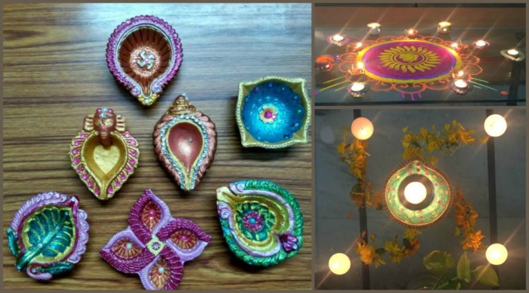 Handpainted diyas by kids for Diwali