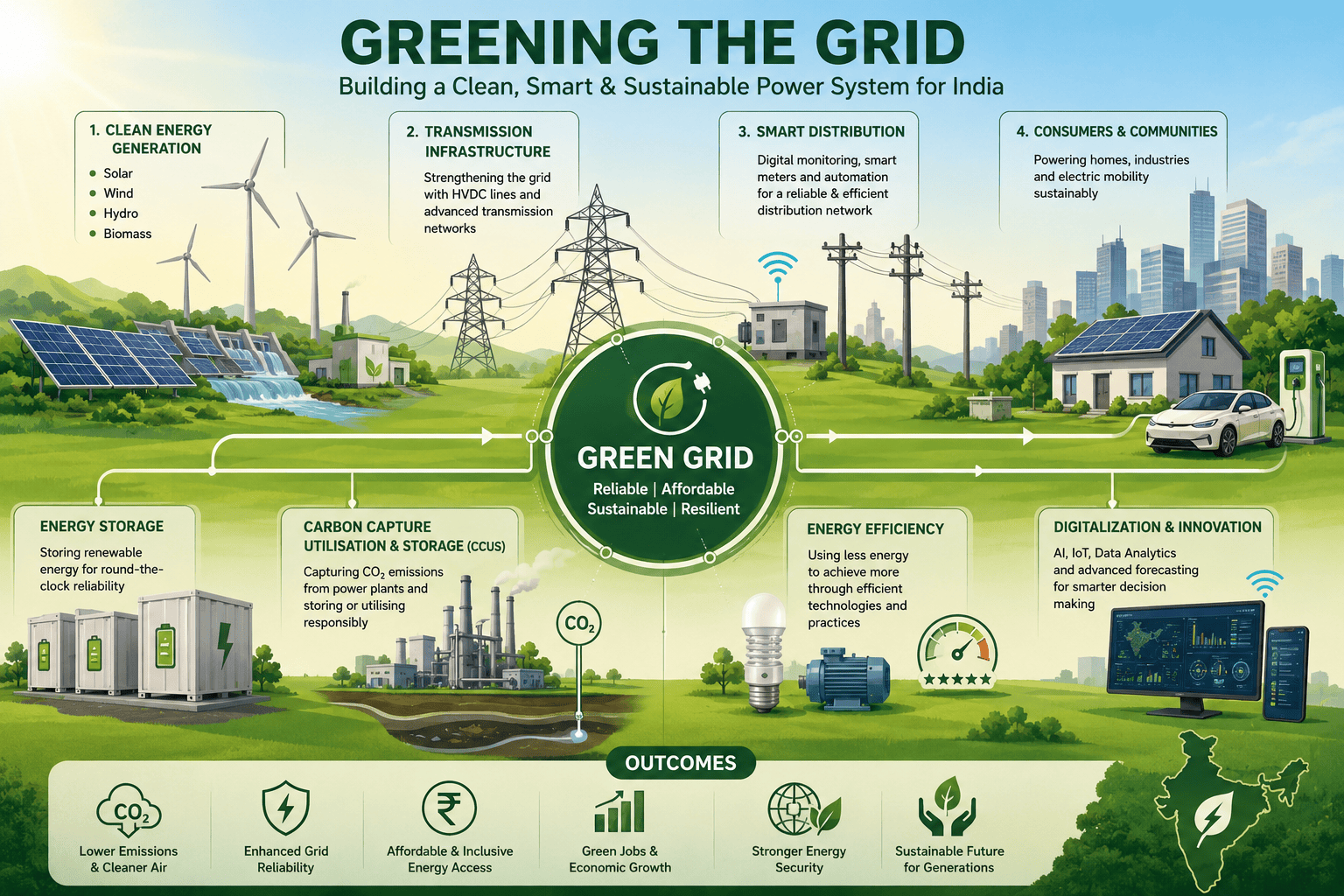 Infographic of a green grid featuring renewable energy, CCUS, energy storage, and smart infrastructure