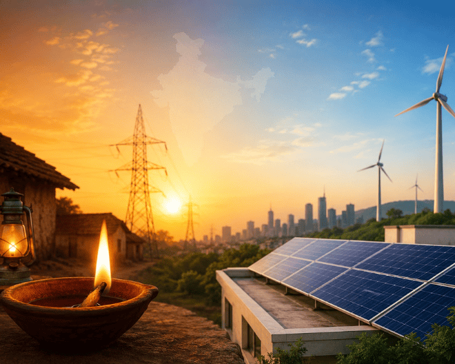  Illustration of India's energy evolution from diyas to solar panels, featuring traditional lighting, rooftop solar, wind turbines, and the electricity grid.